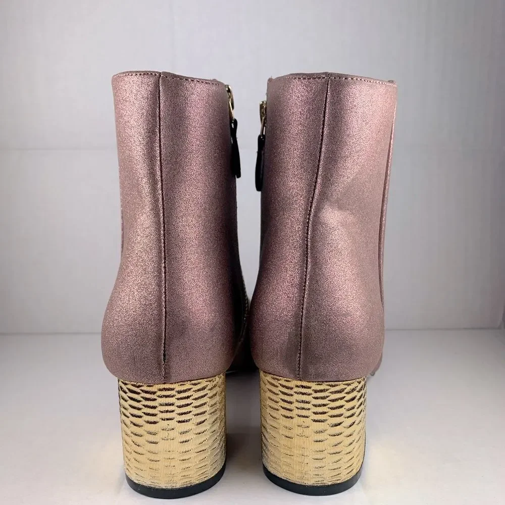 ASOS pink shimmer ankle bootie gold textured gold block heels